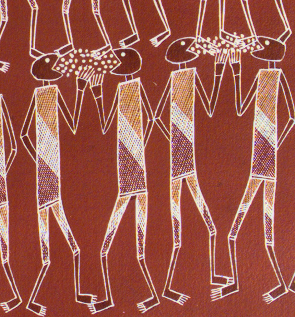 Aboriginal bark painting of figures coughing and spreading disease.